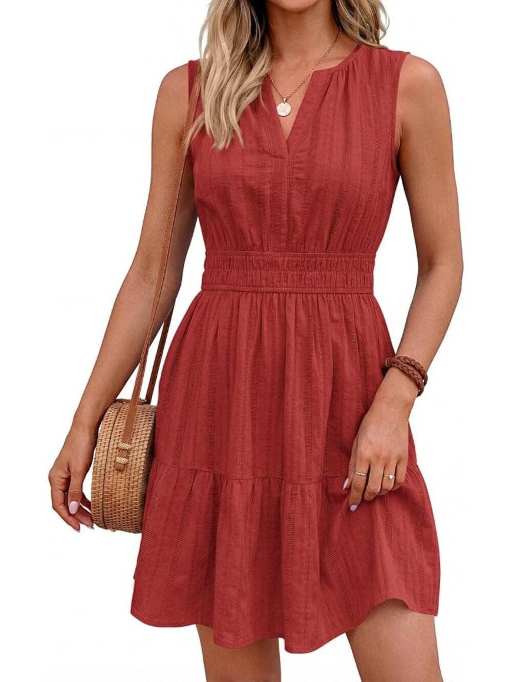 Women's Red V Neck Casual Sleeveless Summer Boho Pull On Cotton Mini Dress